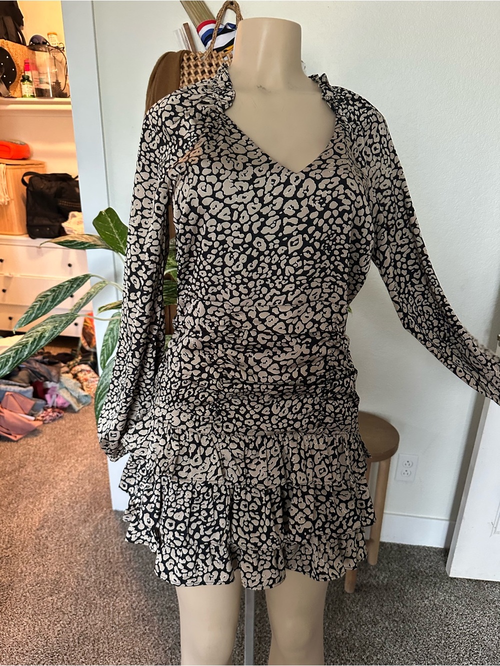 Skies Are Blue Black and Cream Leopard Print Ruffle Dress